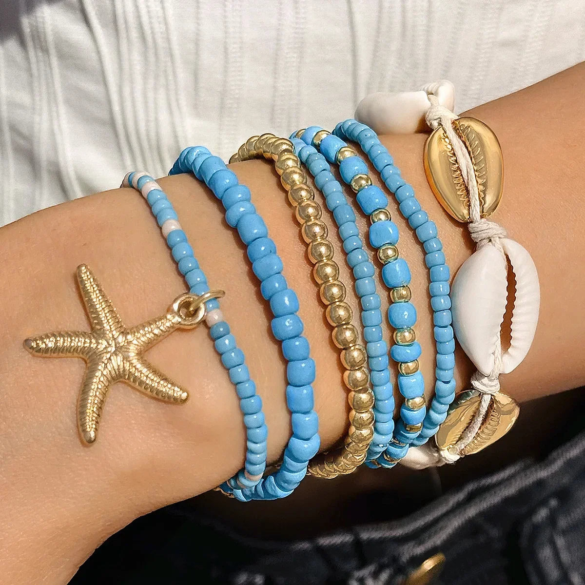 7-teiliges Boho Seestern- und Muschel-Perlenarmband-Set für Frauen Shop Nory
