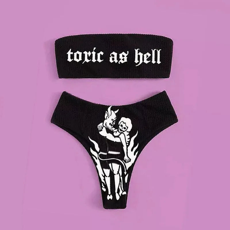 Sexy Goth Bikini Frauen Buchstaben Totenkopf Druck Badeanzug Split Badeanzug Hohe Taille Gotische Bikini Set Strandoutfits