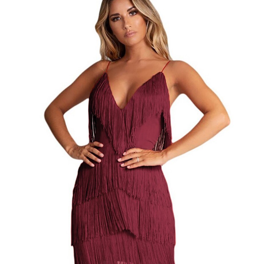 Sexy Fransen Minikleid mit Tiefem V-Ausschnitt für Club & Party