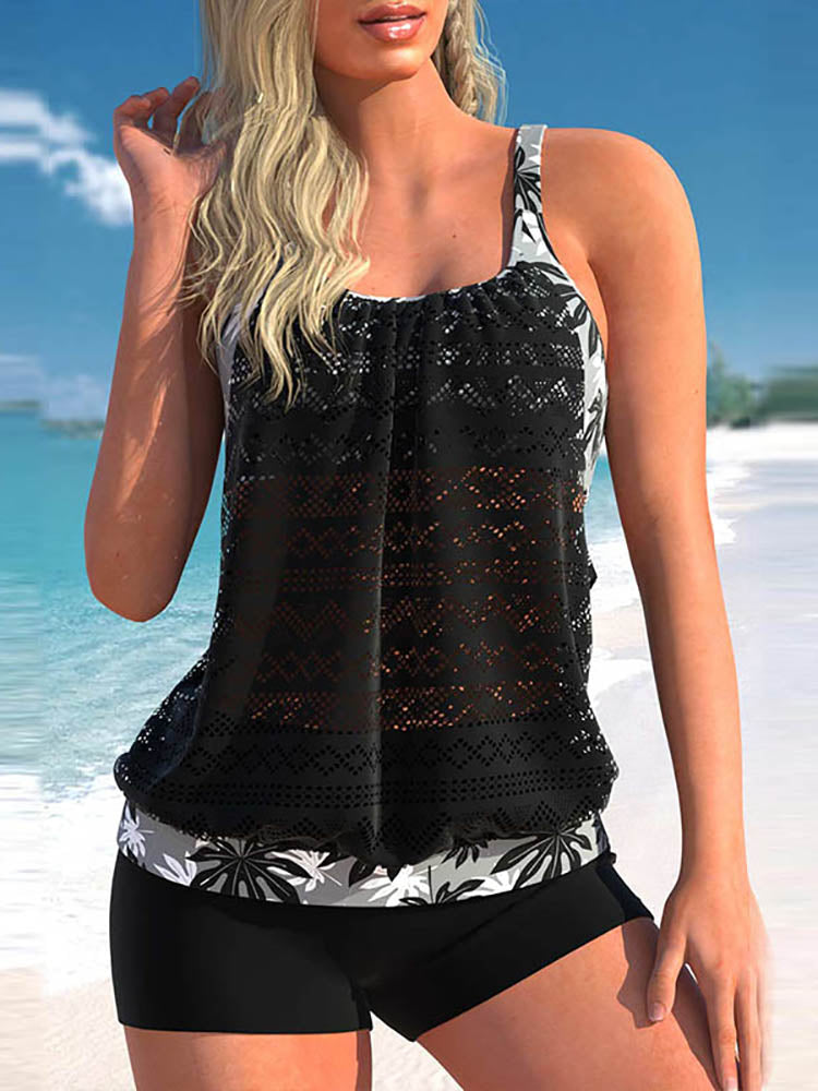 Übergröße Tankini Satz mit Spitzennaht und Blattmuster