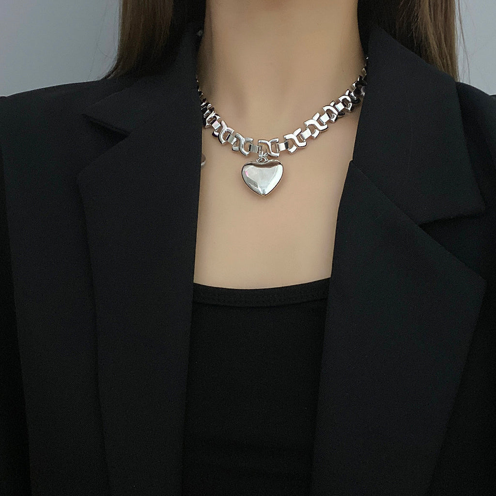 Damen Silber Edelstahl Geometrische Dicke Ketten Herz Anhänger Halskette | Shop Nory