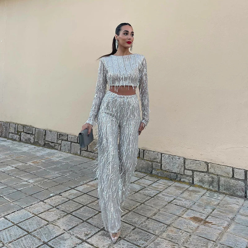 Quaste Pailletten Frauen 2 Teilig Set Herbst Silber Licht Seide O-Ausschnitt Crop Tops Breite Bein Hosen Damen Anzug Mode Straße Damen Set