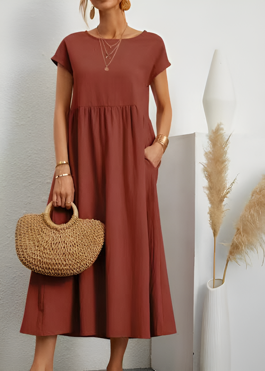 Damen Baumwoll Leinen Midi Kleid