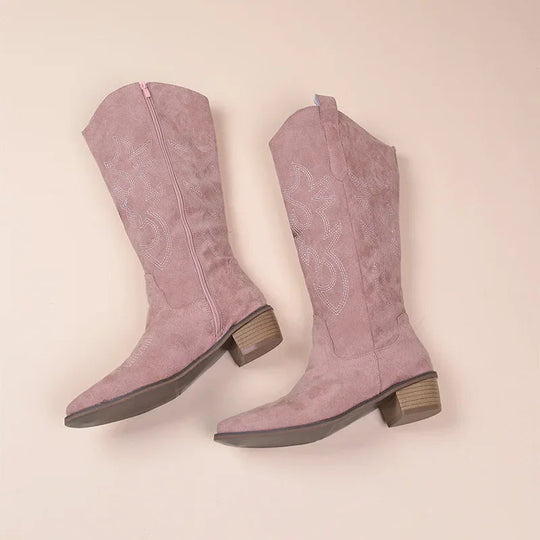 Cowboy-Stiefel – Wildleder-Textur – Bestickter Western-Stil – Halb Hoch – Niedriger Absatz