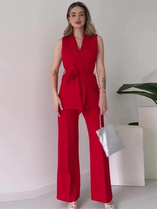 Ärmelloser Blazer-Anzug Taillierte Passform Wickel-V-Ausschnitt Weite Hose