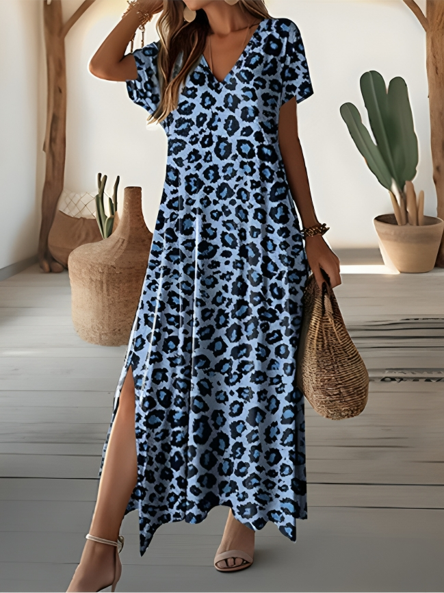 Stylisches Leopardenmuster Kurzarm V-Ausschnitt Maxikleid