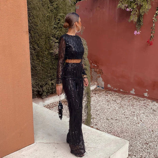 Quaste Pailletten Frauen 2 Teilig Set Herbst Silber Licht Seide O-Ausschnitt Crop Tops Breite Bein Hosen Damen Anzug Mode Straße Damen Set