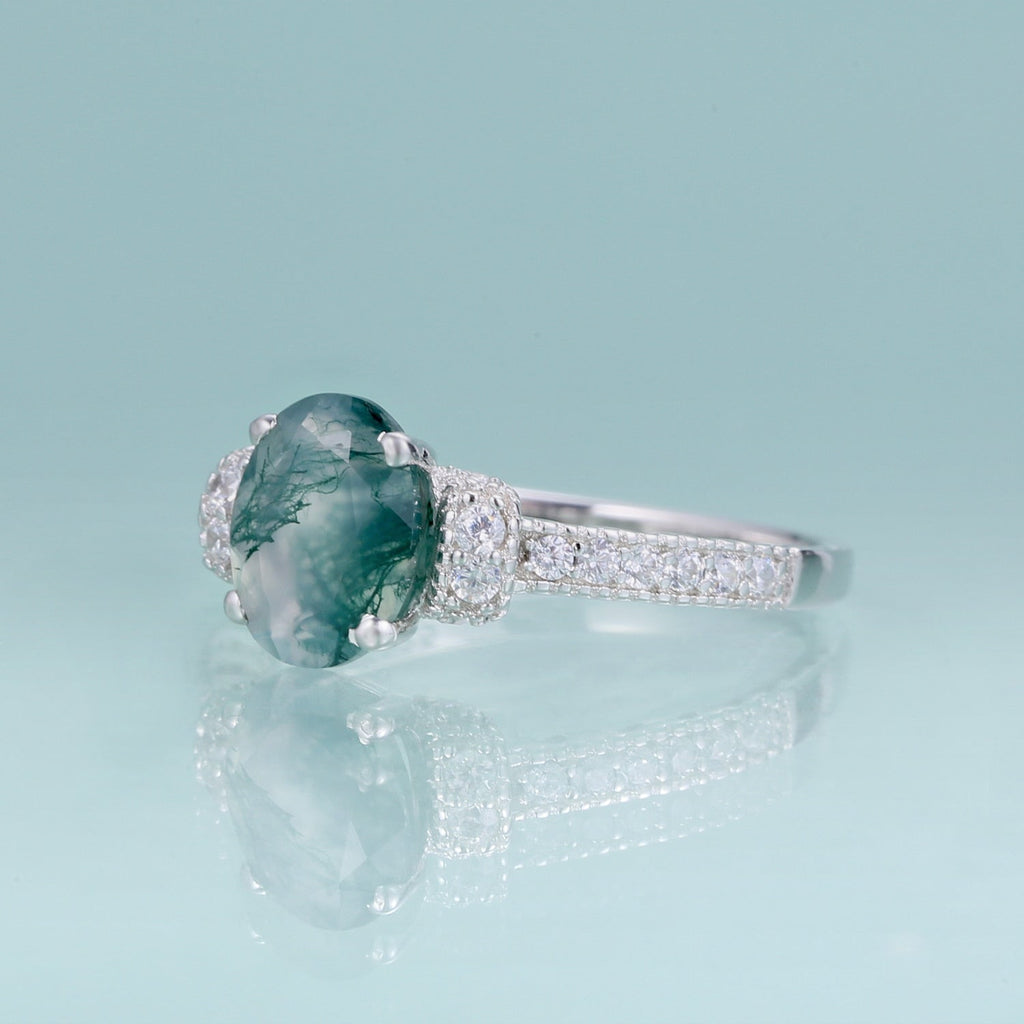 Silberner Moosachat-Ring im Art-Deco-Stil mit ovalem Pavé-Fassung | Shop Nory