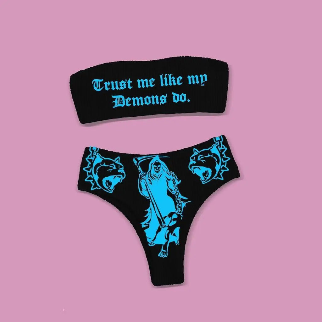 Sexy Goth Bikini Frauen Buchstaben Totenkopf Druck Badeanzug Split Badeanzug Hohe Taille Gotische Bikini Set Strandoutfits
