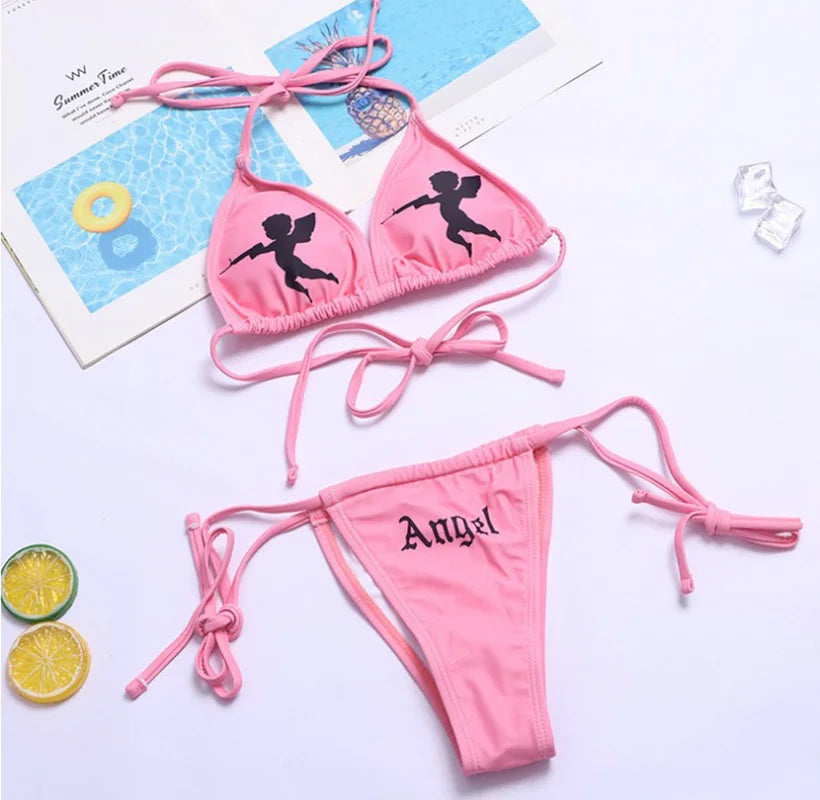 Sexy Goth Bikini Frauen Buchstaben Totenkopf Druck Badeanzug Split Badeanzug Hohe Taille Gotische Bikini Set Strandoutfits