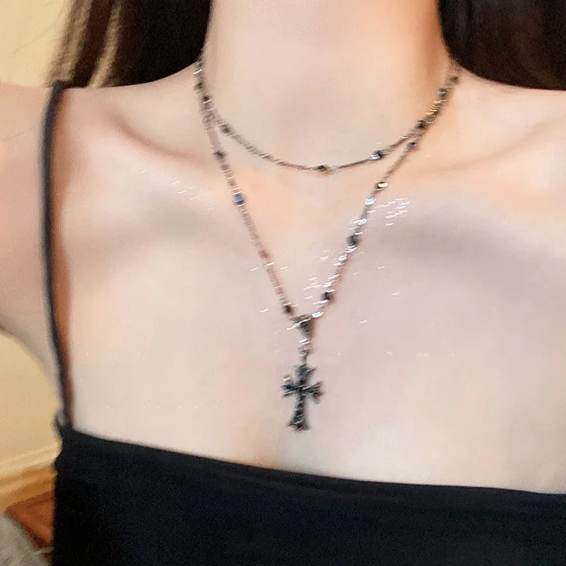 Sommer Schwarzes Rhinestone Kreuz Jesus Anhänger Choker Halskette Shop Nory