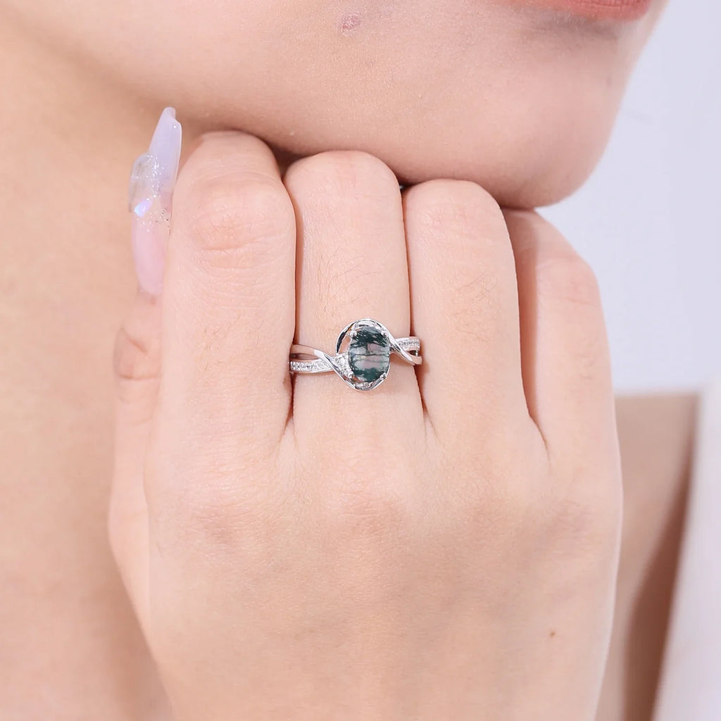 Verlobungsring aus Moosachat und Diamant, ovaler Verlobungsring aus Moosachat aus Sterlingsilber | Shop Nory