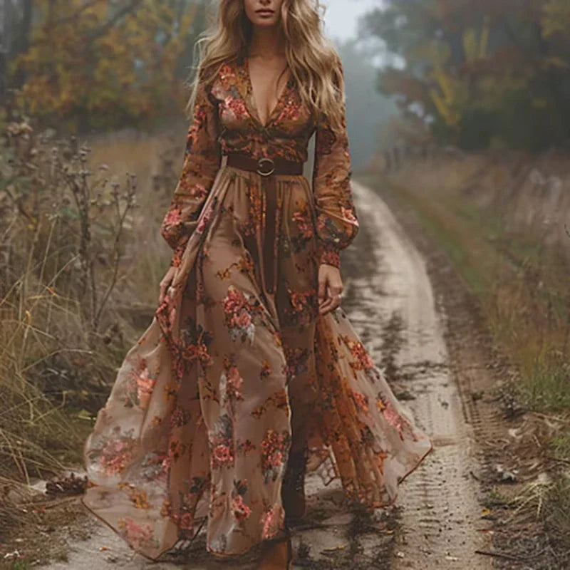 Boho Damen Maxikleid mit Niedrigem V-Ausschnitt und Langarm | ShopNory