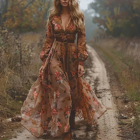 Boho Damen Maxikleid mit Niedrigem V-Ausschnitt und Langarm | ShopNory