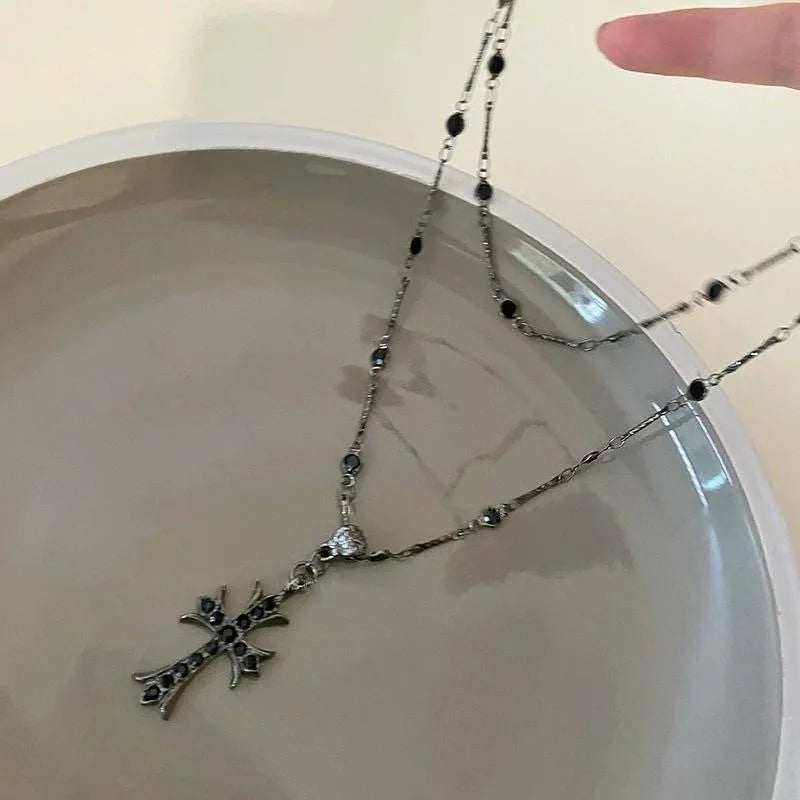 Sommer Schwarzes Rhinestone Kreuz Jesus Anhänger Choker Halskette Shop Nory