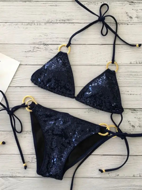 Shopnory | Neu Sexy Bikinis Pailletten Goldfarbe Frauen Bandage Bikini Set Push-Up Vorgepolsterter Bh Badeanzug Set Bademode