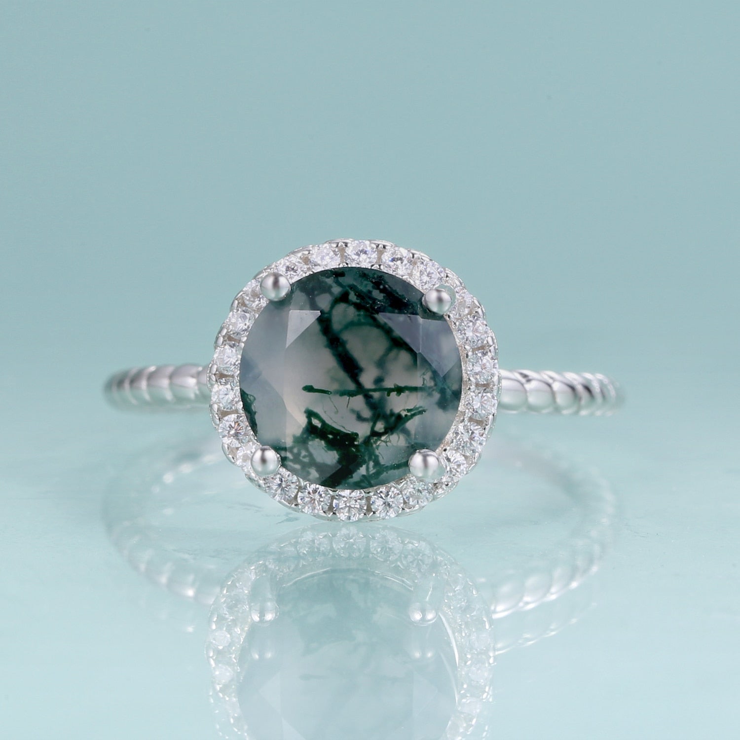 Moosachat-Verlobungsring, runder Halo-Ring in Silber | Shop Nory