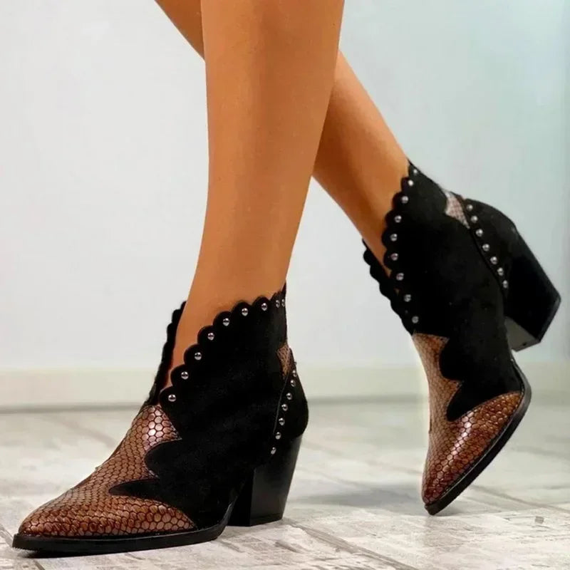Western Stiefeletten mit Schlangenleder Akzent Bestickter Gewellter Besatz Niedriger Blockabsatz