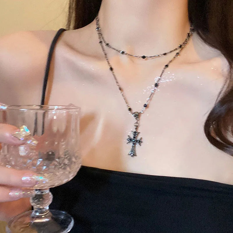 Sommer Schwarzes Rhinestone Kreuz Jesus Anhänger Choker Halskette Shop Nory