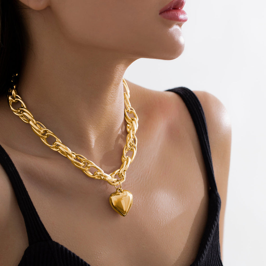 Damen Gold / Silber Herzanhänger Chunky Kreis InterLink Kette Choker Party Halskette | Shop Nory