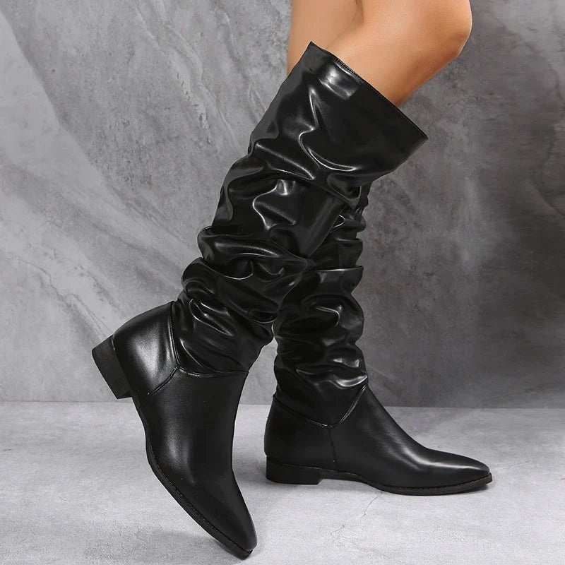 Knielange Punk-Stil Falten Pu-Leder Stiefel