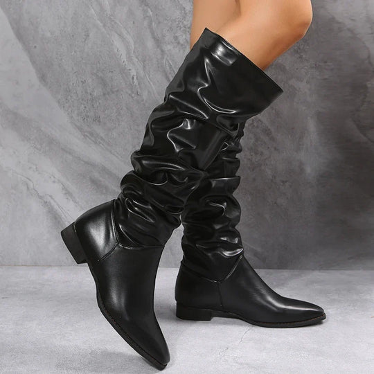 Knielange Punk-Stil Falten Pu-Leder Stiefel