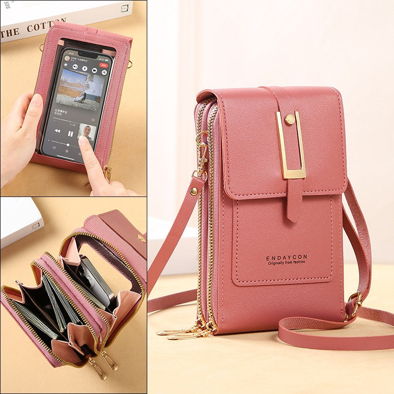 Leder Smartphone Clutch Damen Handtasche mit Touchscreen-Fenster