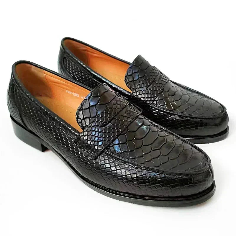 Shopnory | Luxus Schwarze Lederloafers mit Schlangenprint
