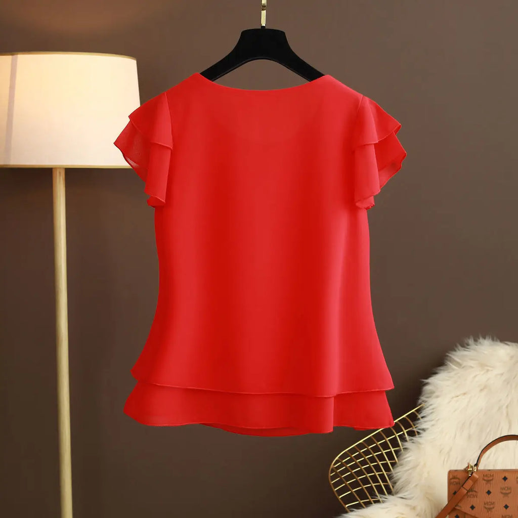 Chiffon Bluse mit O-Ausschnitt und Kurzen Ärmeln