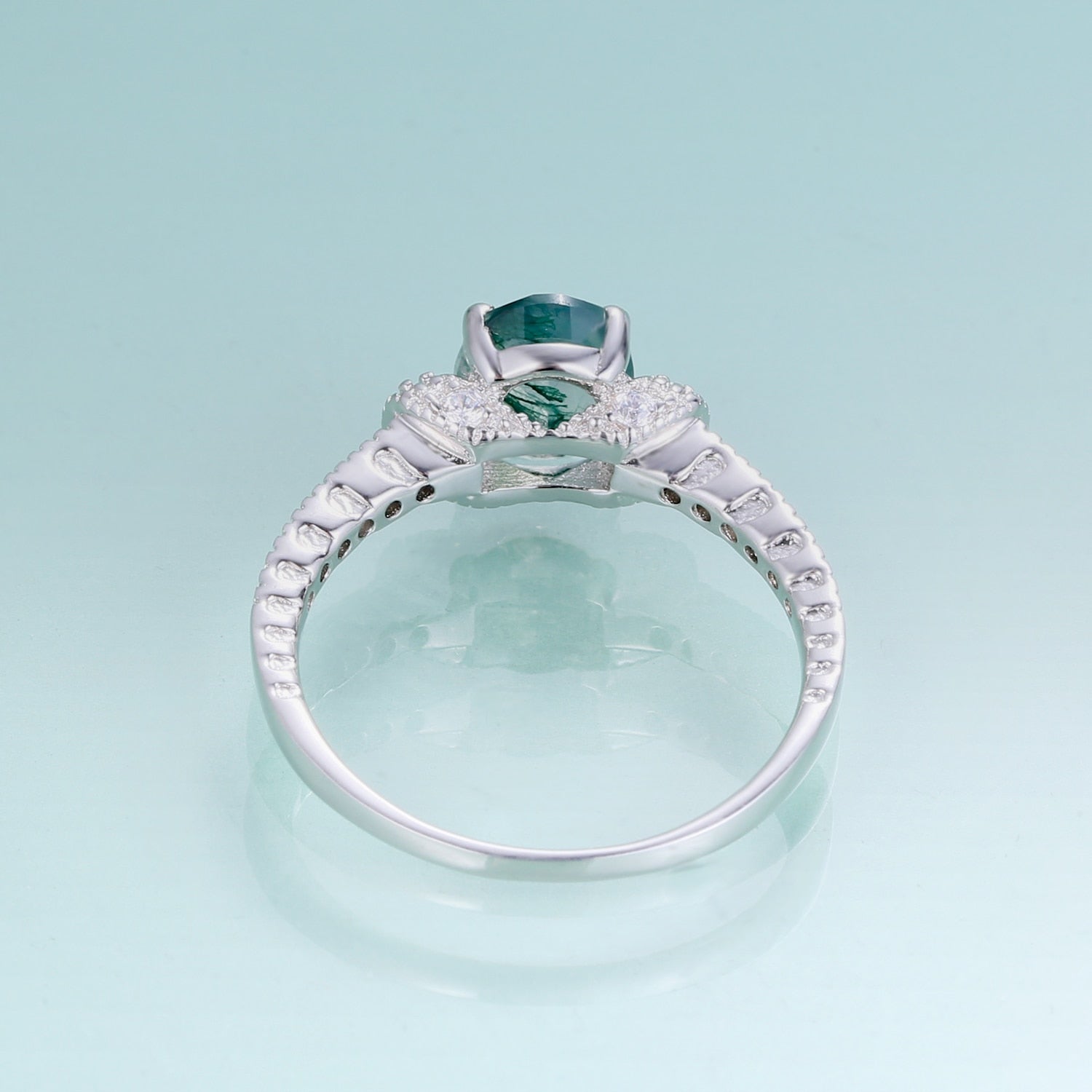 Silberner Moosachat-Ring im Art-Deco-Stil mit ovalem Pavé-Fassung | Shop Nory