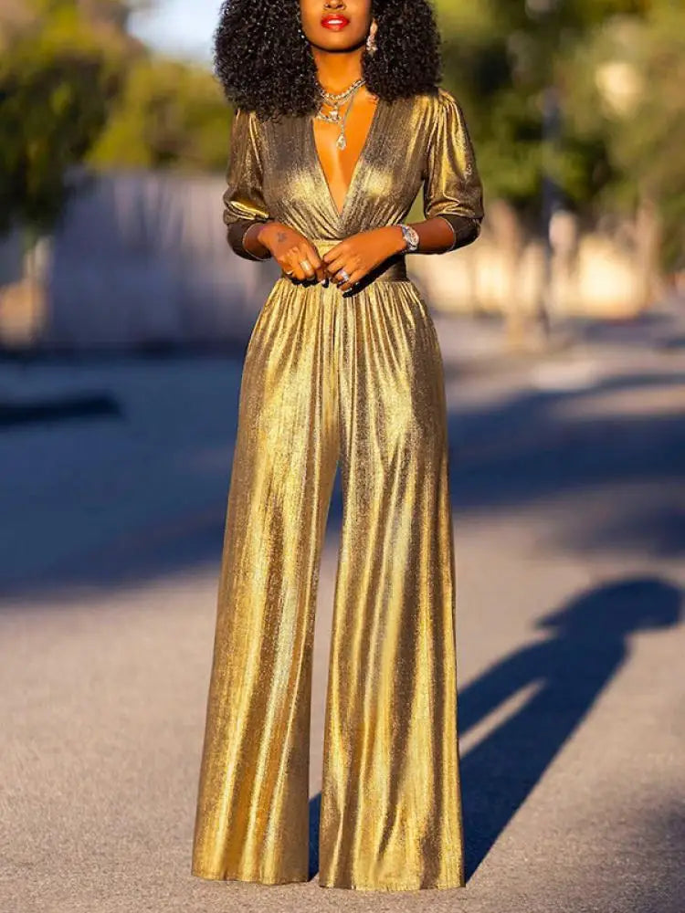 ShopNory Damen Jumpsuit mit V-Ausschnitt und Metallic-Optik