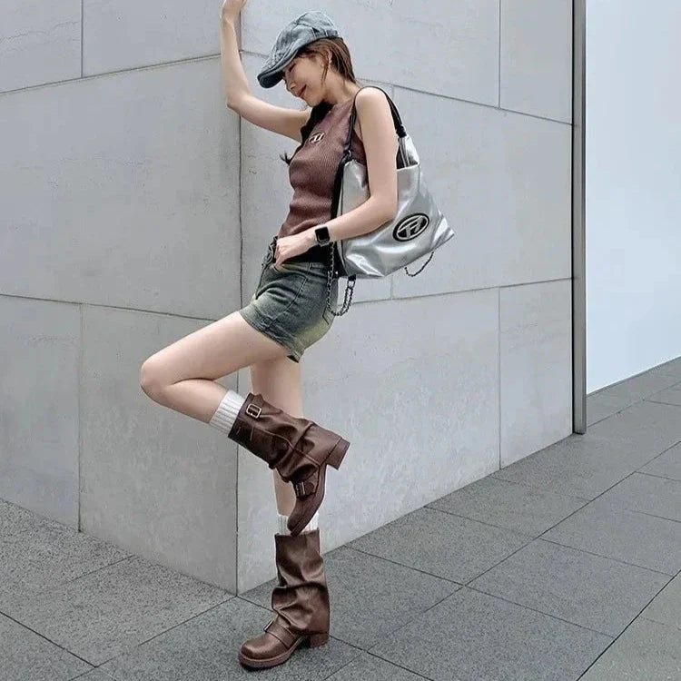 Falten Mid-Calf Stiefel