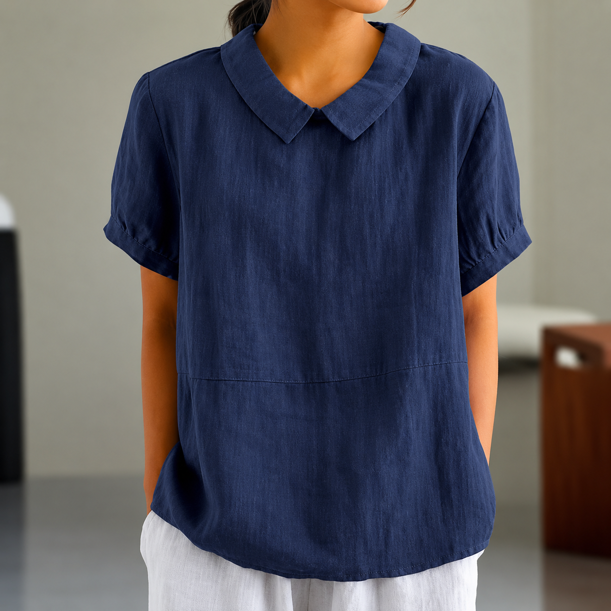 ShopNory | Bequeme Baumwoll Leinen Bluse mit Peter Pan Kragen