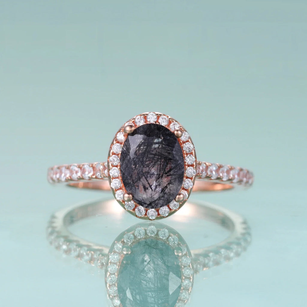 Rutilquarz-Ehering, ovaler Schliff, natürlicher schwarzer Rutilquarz-Halo-Verlobungsring | Shop Nory