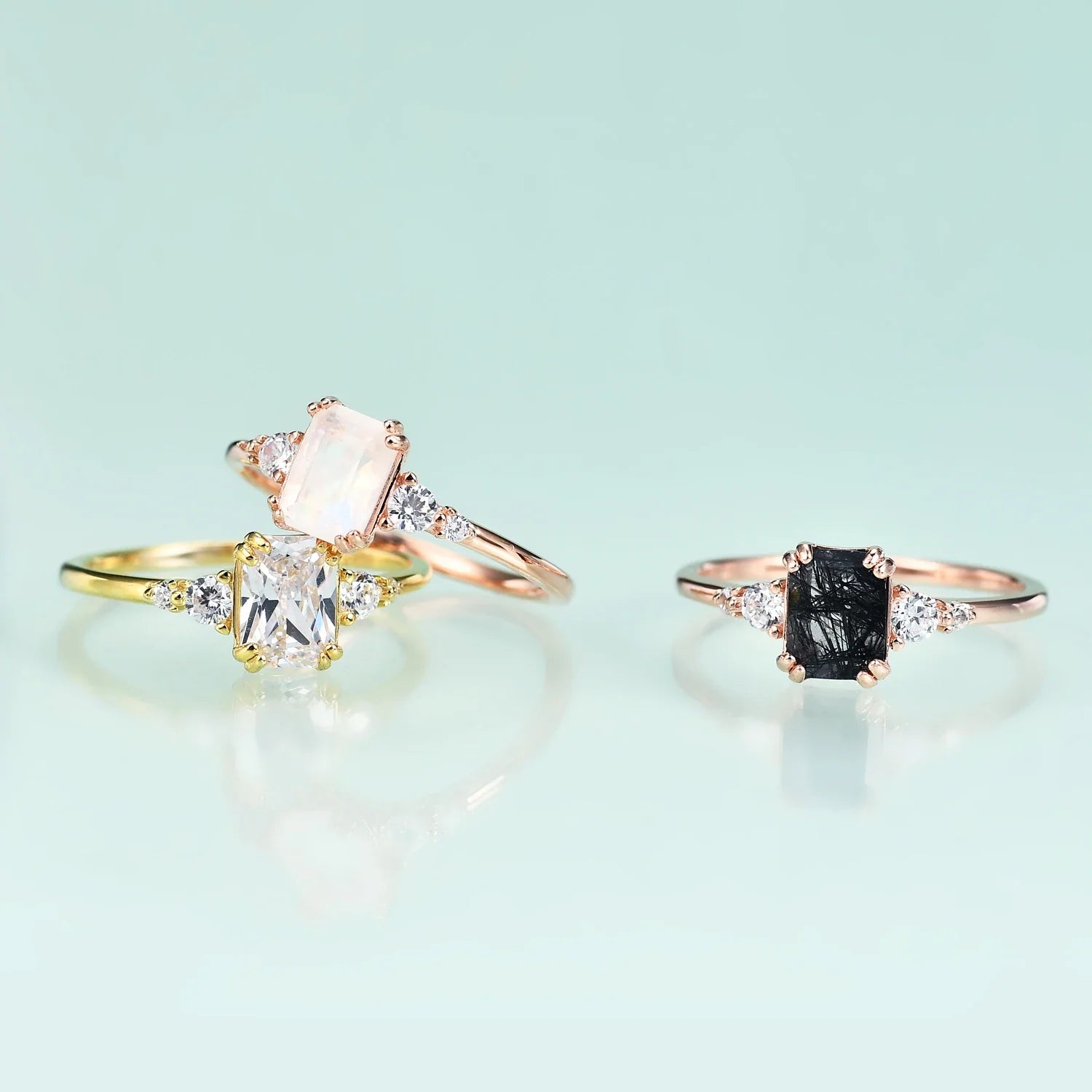 Schwarzer Rutilquarz-Ehering, rechteckiger, einzigartiger Verlobungsring aus 14 Karat Roségold | Shop Nory