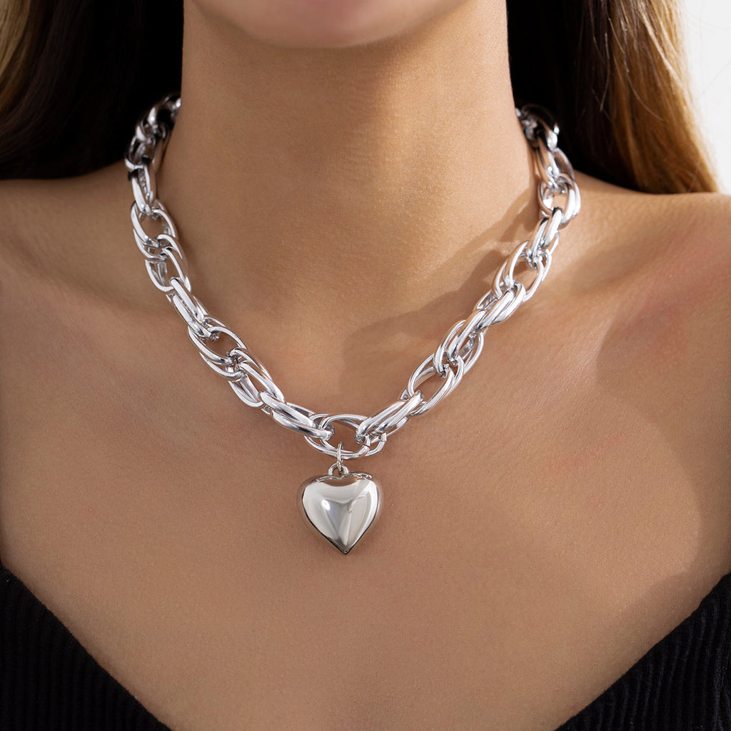 Damen Gold / Silber Herzanhänger Chunky Kreis InterLink Kette Choker Party Halskette | Shop Nory