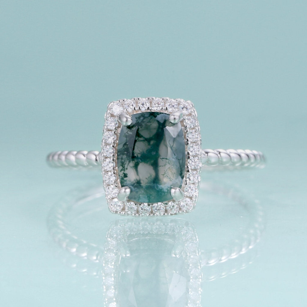 Moosachat-Verlobungsring in silbernem Halo-Ring in rechteckiger Form | Shop Nory