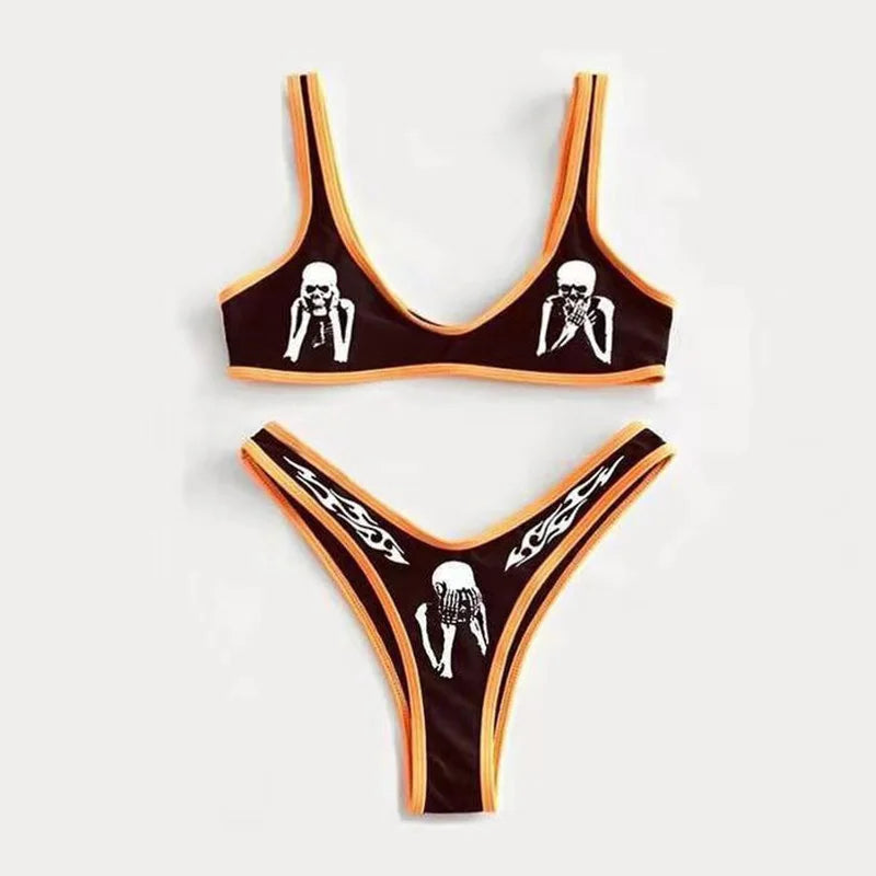 Sexy Goth Bikini Frauen Buchstaben Totenkopf Druck Badeanzug Split Badeanzug Hohe Taille Gotische Bikini Set Strandoutfits