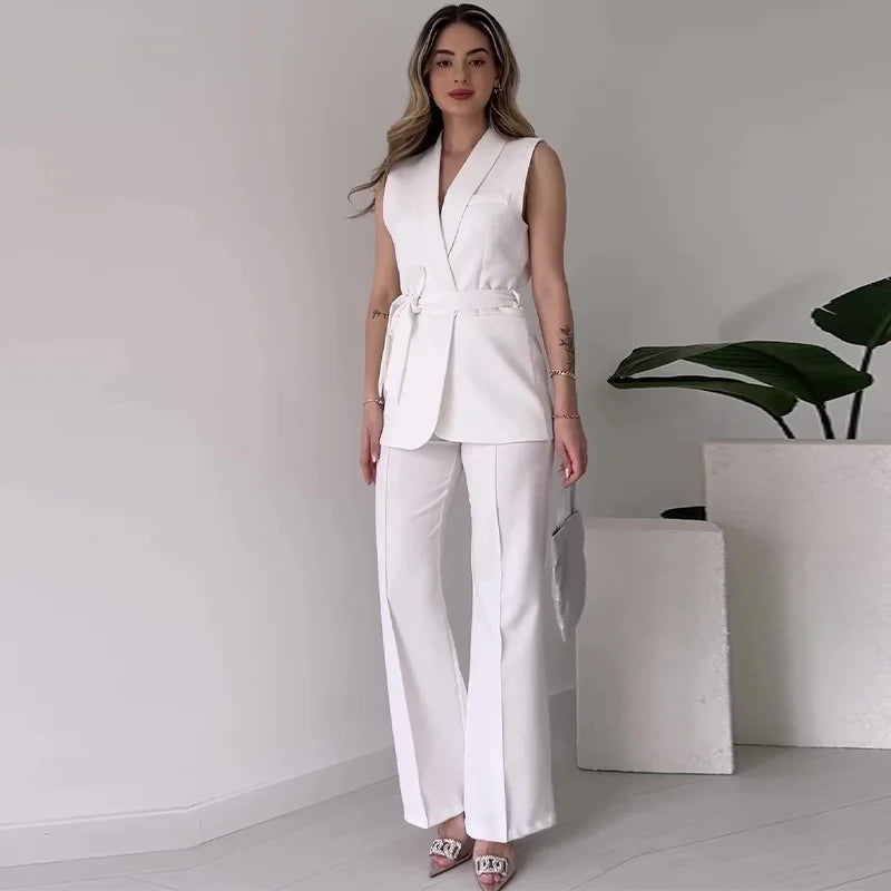 Ärmelloser Blazer-Anzug Taillierte Passform Wickel-V-Ausschnitt Weite Hose