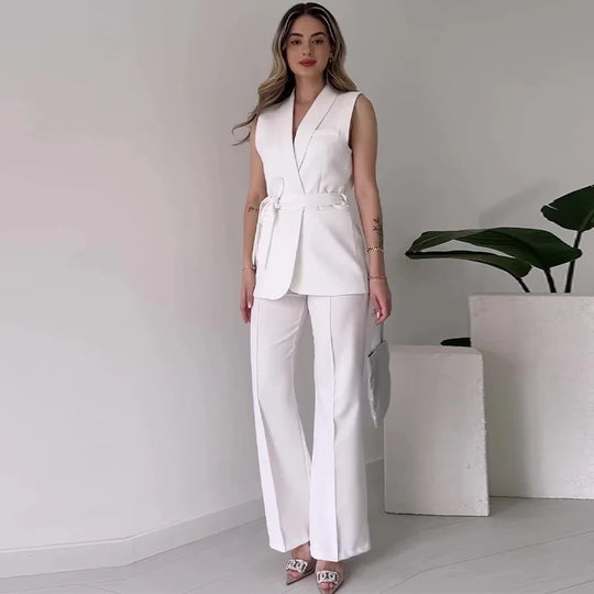 Ärmelloser Blazer-Anzug Taillierte Passform Wickel-V-Ausschnitt Weite Hose