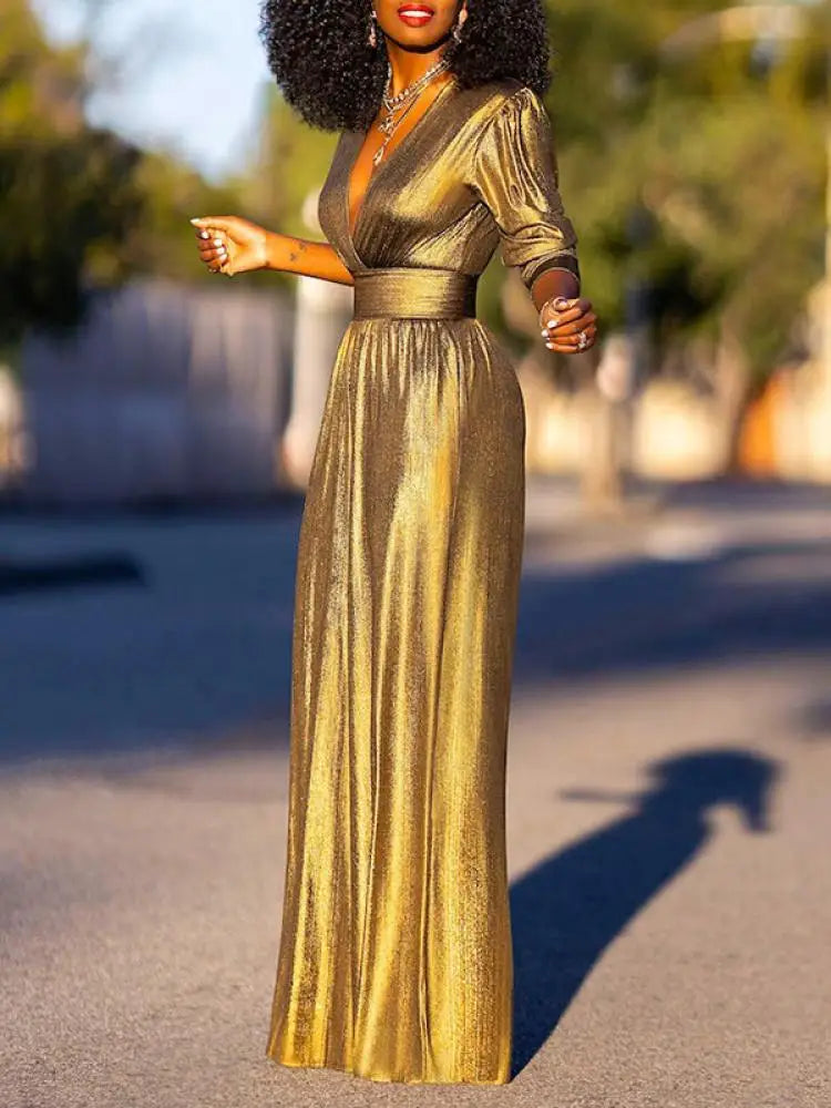 ShopNory Damen Jumpsuit mit V-Ausschnitt und Metallic-Optik