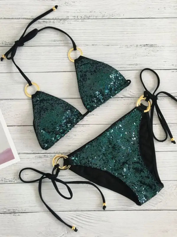 Shopnory | Neu Sexy Bikinis Pailletten Goldfarbe Frauen Bandage Bikini Set Push-Up Vorgepolsterter Bh Badeanzug Set Bademode
