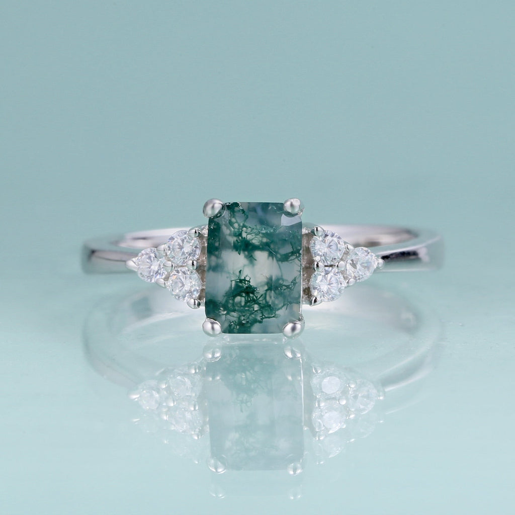 Ring mit Moosachat im Smaragdschliff aus Silber | Shop Nory