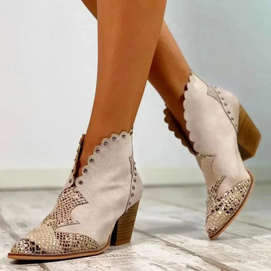 Western Stiefeletten mit Schlangenleder Akzent Bestickter Gewellter Besatz Niedriger Blockabsatz