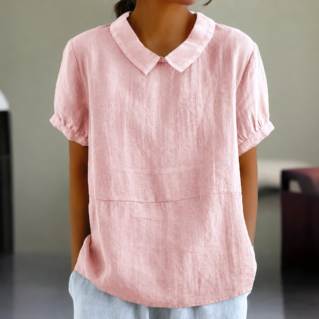 ShopNory | Bequeme Baumwoll Leinen Bluse mit Peter Pan Kragen
