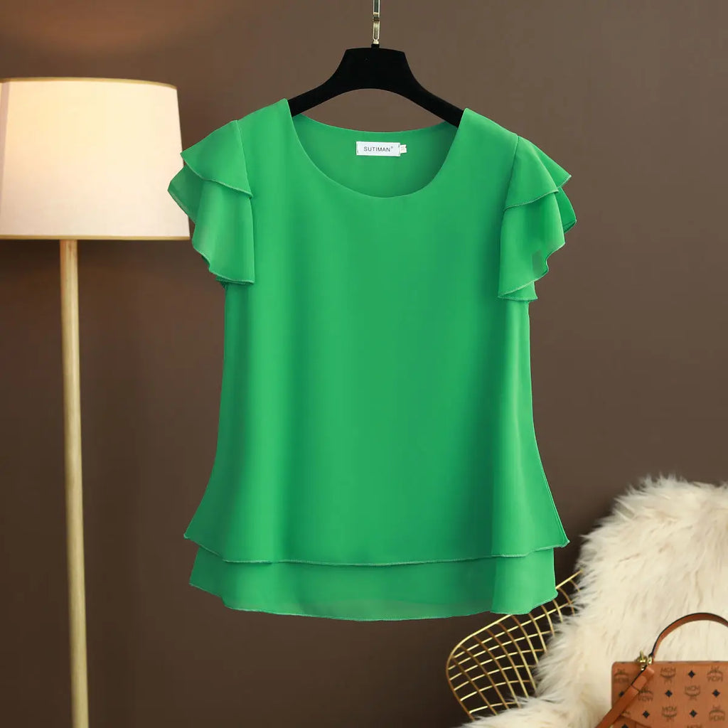 Chiffon Bluse mit O-Ausschnitt und Kurzen Ärmeln