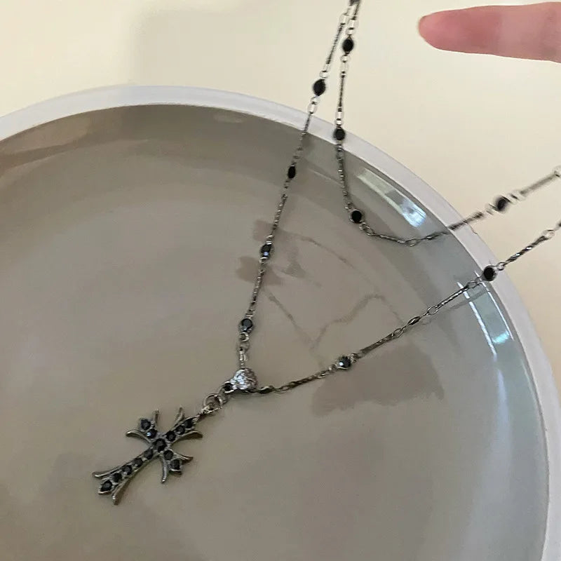 Sommer Schwarzes Rhinestone Kreuz Jesus Anhänger Choker Halskette Shop Nory
