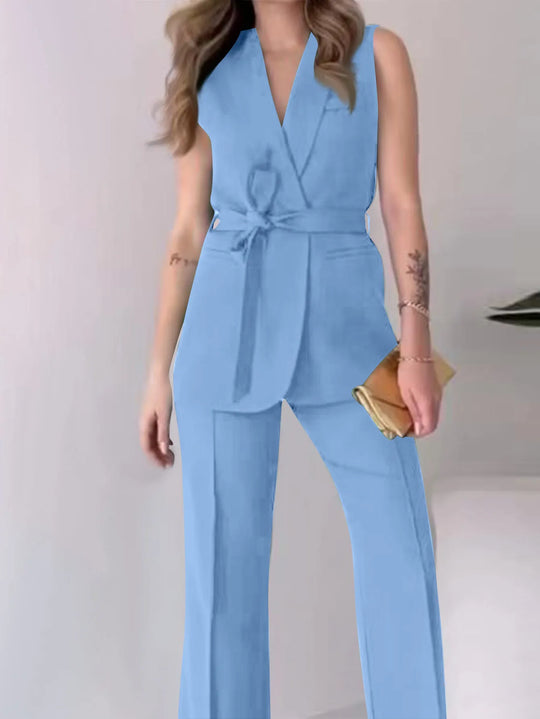 Ärmelloser Blazer-Anzug Taillierte Passform Wickel-V-Ausschnitt Weite Hose