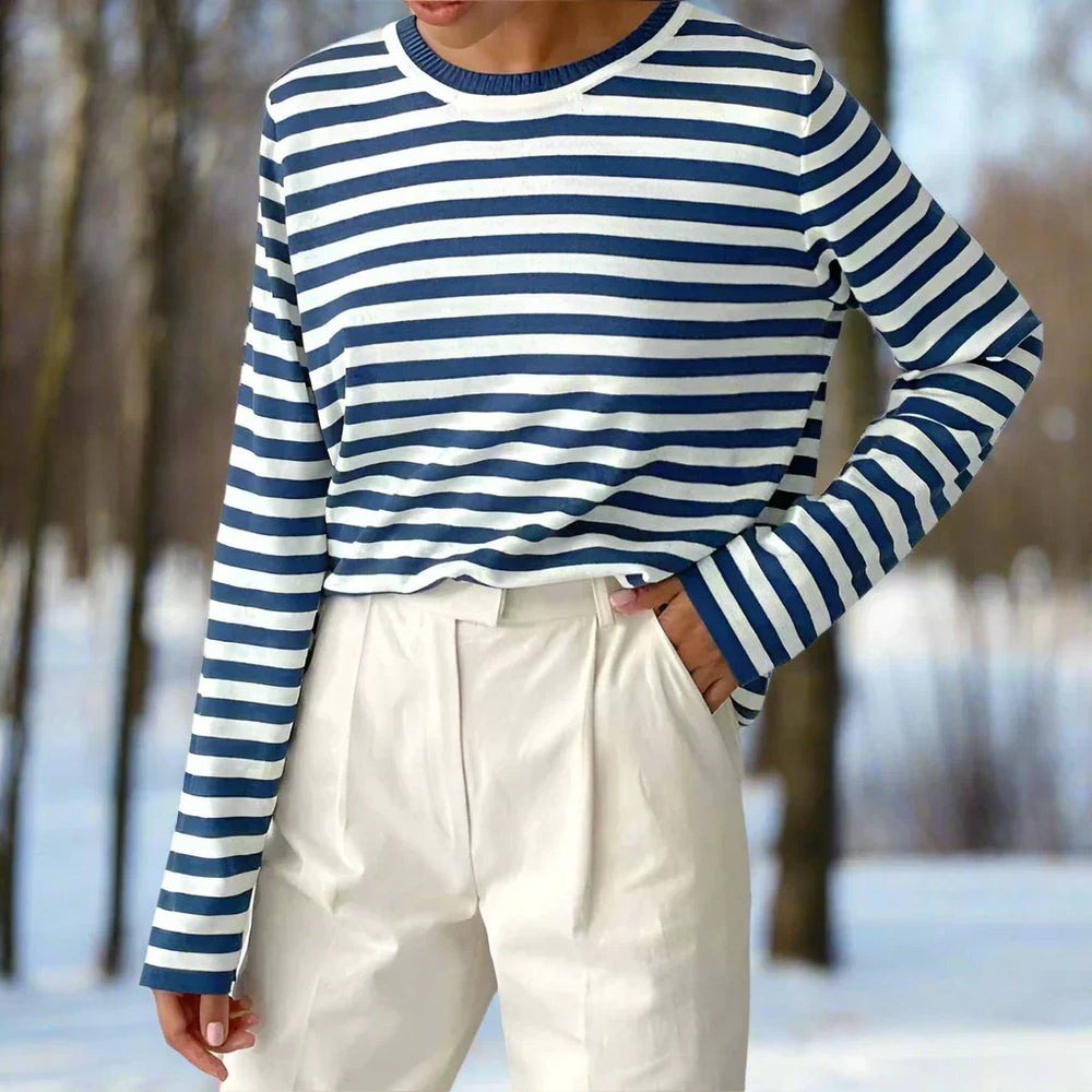 Langarm-T-Shirt Gestreift Rundhals Relaxed Fit Atmungsaktive Baumwolle