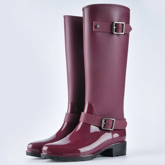 Damen wasserdichte knielange Gummistiefel mit Schnallen & Blockabsätzen